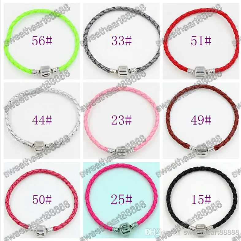 Solo 925 cierre de plata Hebras de cuentas de cuero Pulseras Cadenas para pulseras Pandora 17 cm 19 cm 21 cm 20 unids / lote es Pulsera Fit European Charm Beads