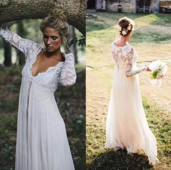 Gorgeous Empire Waist Lace Chiffon Wedding Dresses Cheap High Quality Illusioin Long Sleeves Bridal Gowns for Maternity Pregnant B213L