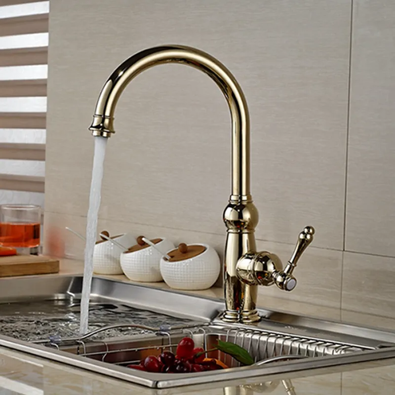 Lyxig Golden Brass Köksflaska Sväng Spout Fartyg Sink Mixer Tap Single Handle Hole Hot and Cold Mixer