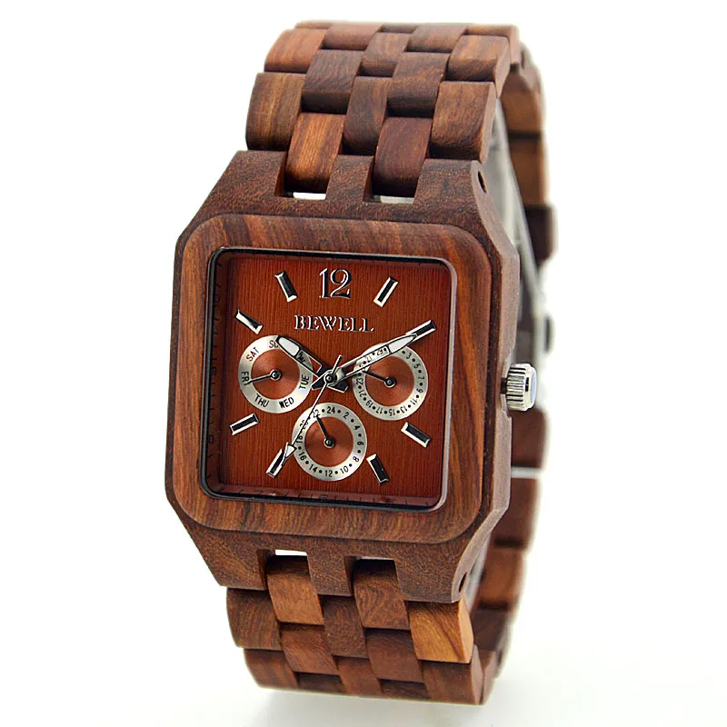 Hommes classiques en bois tendu cadran carré vigne élégante rouge en bois de santal rouge masculine montre pour la semaine de papa date de fenêtre en bois montres en bois 3145282