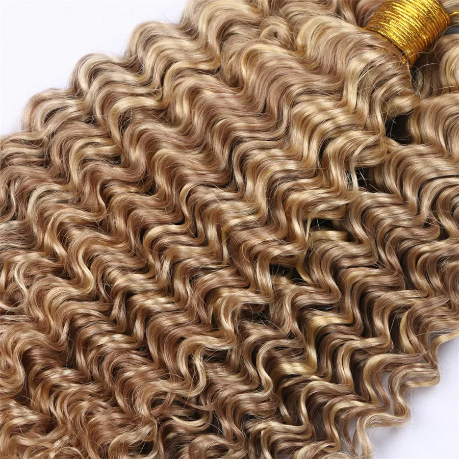 Podświetl głęboką fala 8 613 Kolor fortepianu Brazylijskie dziewicze ludzkie włosy wątki 3 wiązki głębokie fala kręcona brązowa blondynka mieszanka Ombre Hair Exte1167013