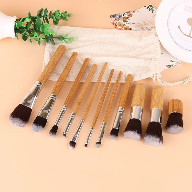 Dropshipping Make-Up Pinsel Kosmetik Werkzeuge Natürliche Bambus Griff Lidschatten Kosmetik Make-Up Pinsel Set Erröten Weiche Pinsel Kit mit Tasche