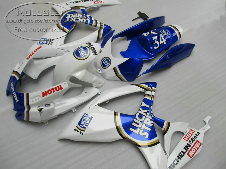 SUZUKI GSXR600 GSXR750 06 07 K6 için en kaliteli kaporta kiti GSX-R 600/750 2006 2007 mavi beyaz ŞANSLı STRIKE fairings V43F set