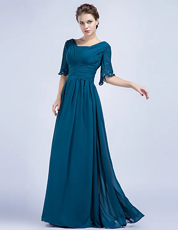 ビーズVネックの床の長さのシフォン母のドレスが付いている新しいフォーマルなイブニングドレスの列の半袖