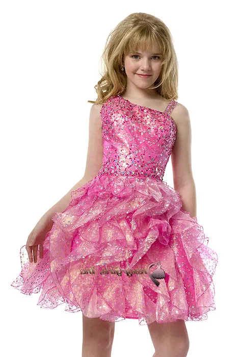 2015 Paillettes Pré Adolescent Court Plein Perles Rose Filles Pageant Robes Plissé Genou Longueur Petits Enfants Grandes Filles Robes De Soirée 9025773