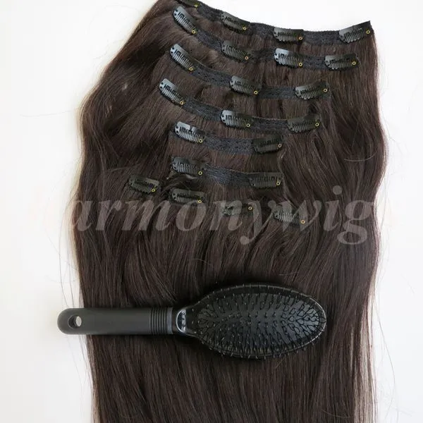 220G 20 22inch Clip In Human Hair Extensions Brazilian Hair 1B # / Off Black Remy Rak hår Vävar 10st / Set Free Comb