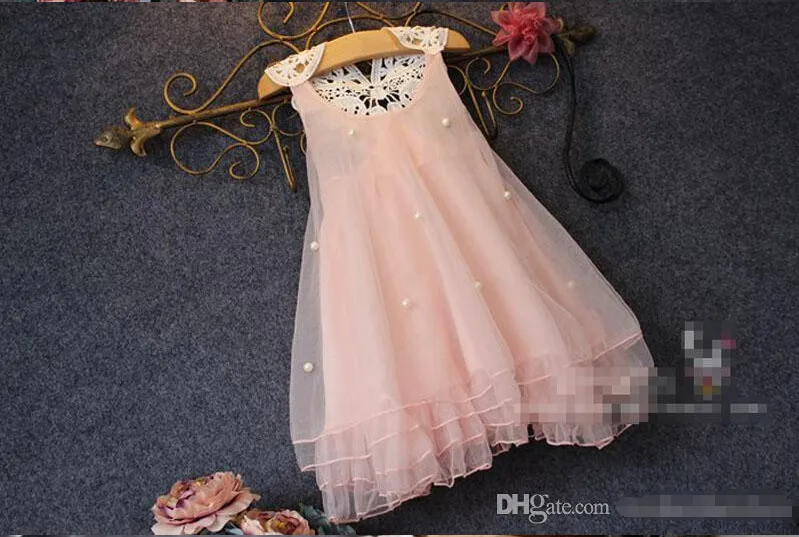 Flickor Lace Pearl Dress 2015 Ny Lovable Princess Girls Ärmlös Lace Dress Barnkläder