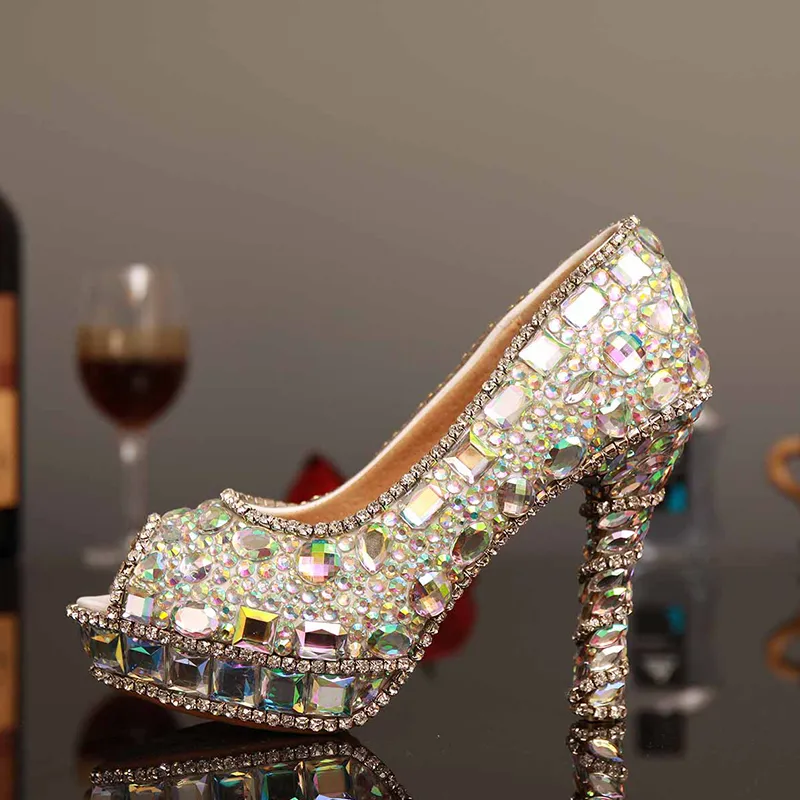 Luxus AB Kristall High Heels Frau Schuhe Mode Glitter Kristall Peep Toe Braut Hochzeit Kleid Schuhe dame Party proms Kostenloser Versand