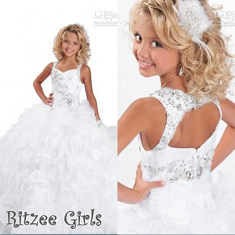2015 кристаллы бисером Pageant платья для маленьких девочек Ritzee спагетти ремни роскошные оборками длина пола цветочница маленькие вечерние платья