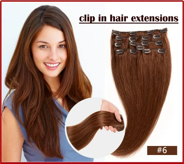 Partihandel - 140g/pc #6 Ljusbrun 100% mänskligt hår/peruanska hårklämmor i förlängningar riktigt rakt full huvud hög kvalitet