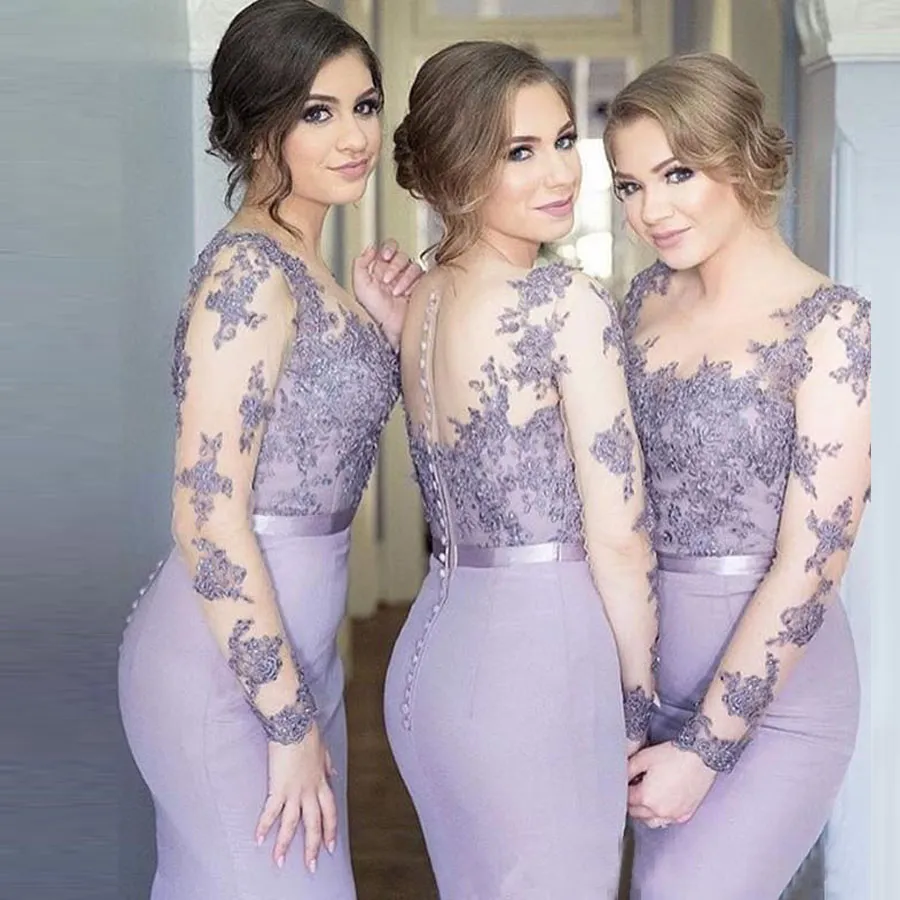 2019 nova vinda Vestidos de madrinha vestidos de dama de honra bainha de renda lavanda festa de casamento Guest Gowns Sheer Design Lilac Vestidos