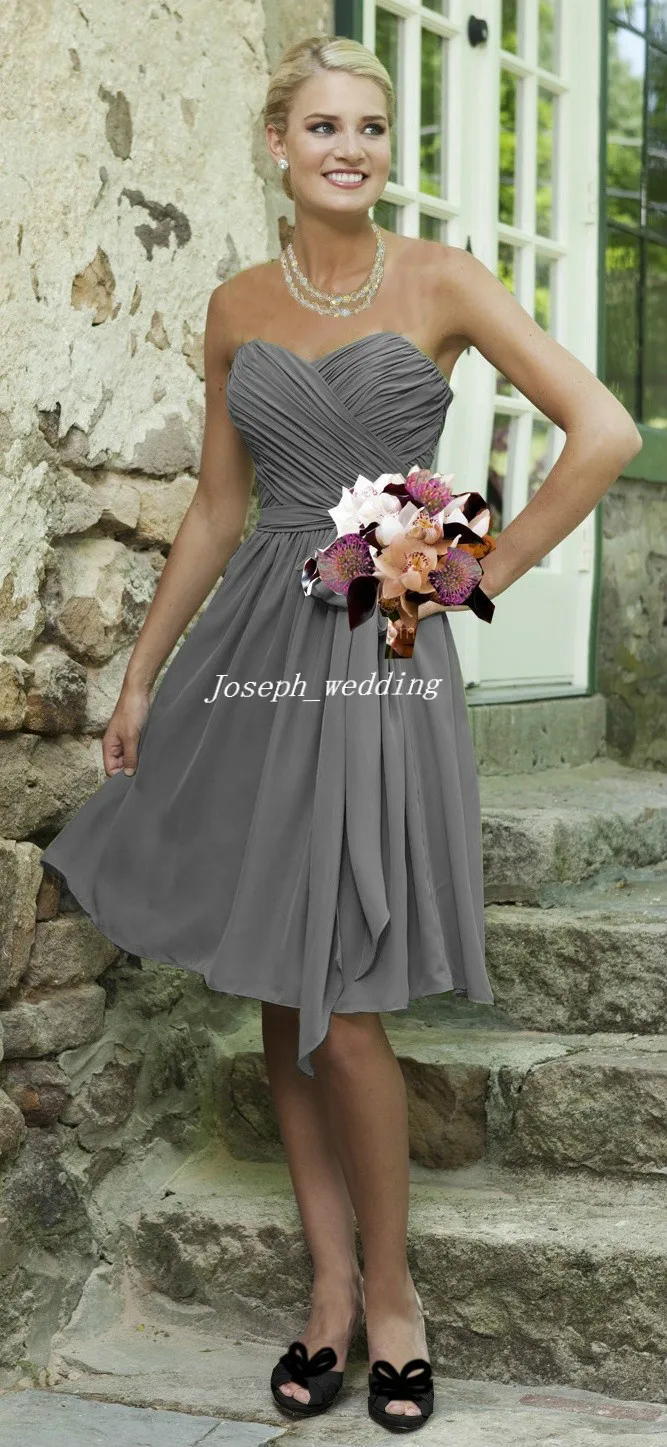 Vintage Beach Summer Dress Sweetheart Neckline Chiffon Kne Length Short Bridesmaid Dress Gray Color7789047