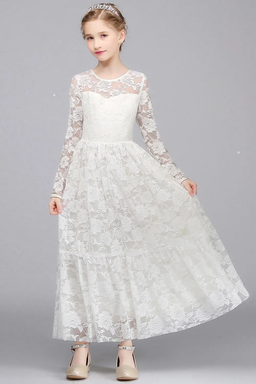 2018 Bianco a una linea Designer Flower Girl Dresses Jewel Neck Princess Maniche lunghe Girl Girl Communion Party Wears Dresses MC036623860