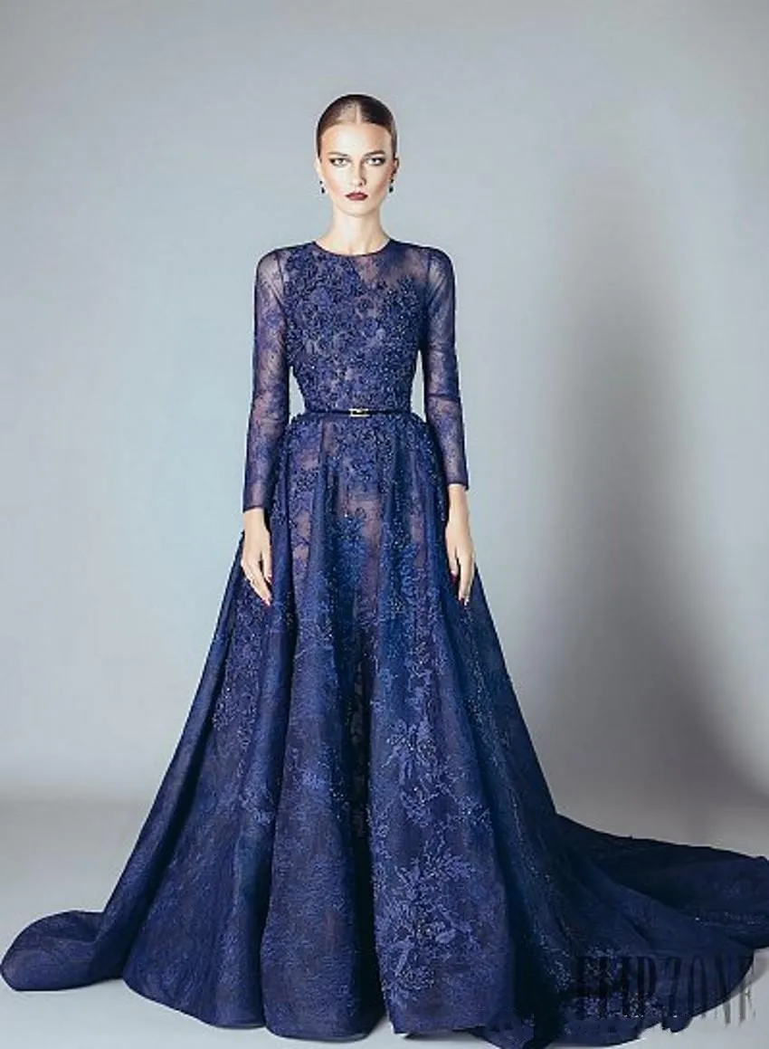 Royal Blue 2016 Ellie Saab Evening Dresses A-line Ruffles Beaded Appliques Lace Dresses Prom Party Gowns Long Sleeves Dubai Arabic Vestidos