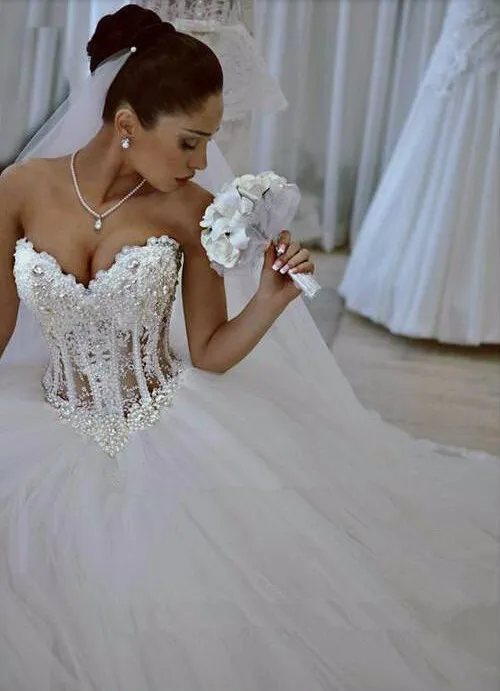 2015 Sexy Beaded Pearls Sweetheart Organza Ball Gown Wedding Dresses Lace-Up Vestidos De Noiva Floor-Length Bridal Gowns QS36