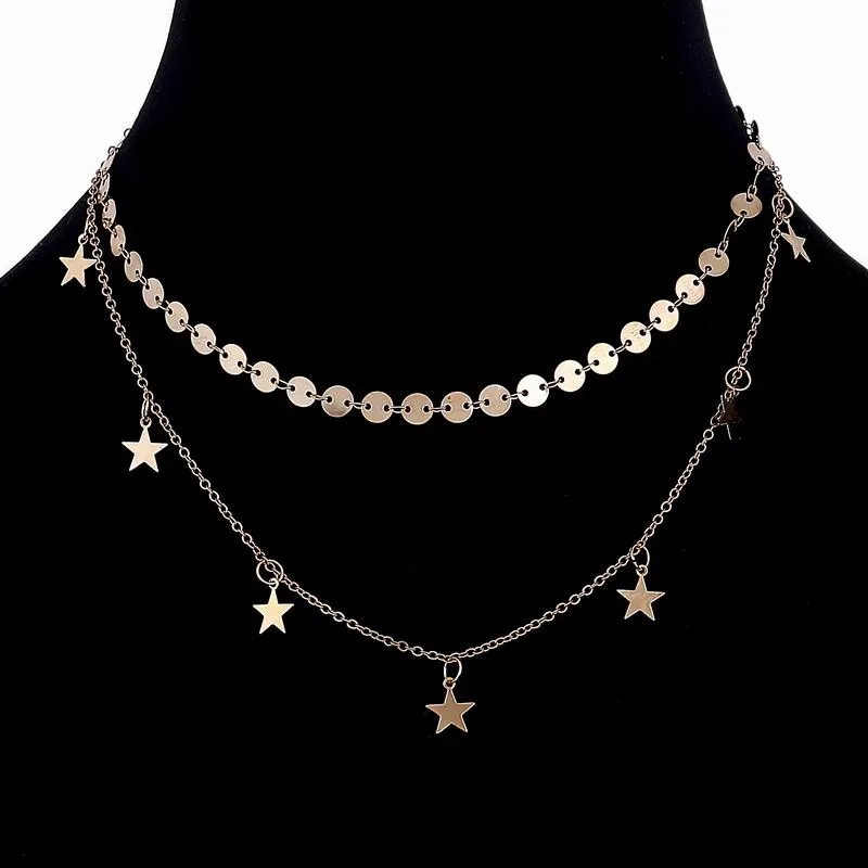 Hot Sale Gold Silver color Sequins Tassel Star Choker Necklace Women Double Layer Sequins multilayer necklace wholesale