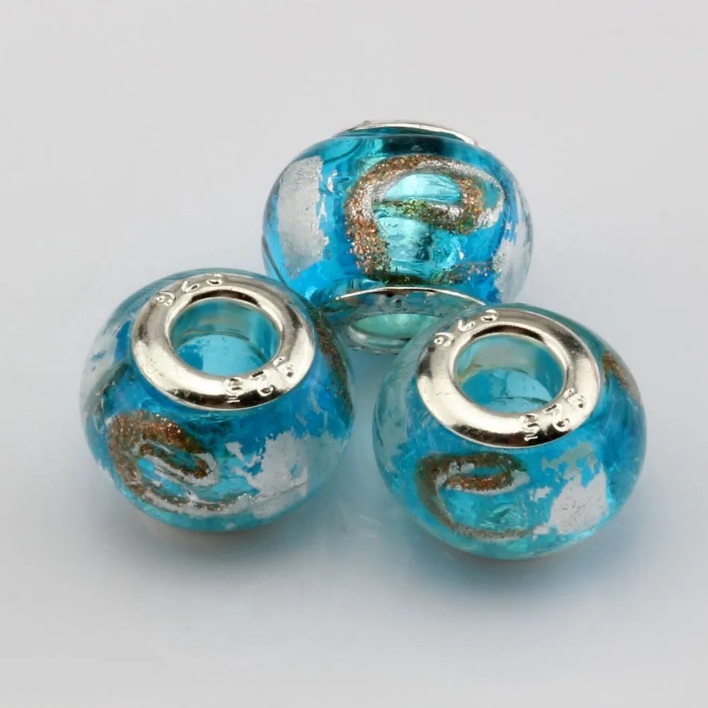 MIC Sky Blue Gold Silver Foil Alphabet "e" lampwork Glass Large Hole Beads Fit Beaded Bracelet