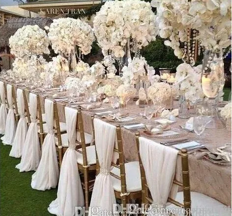 Eenvoudige maar elegante witte chiffon bruiloft stoel dekking en sjersteen romantische bruids party banket stoel terug bruiloft gunsten