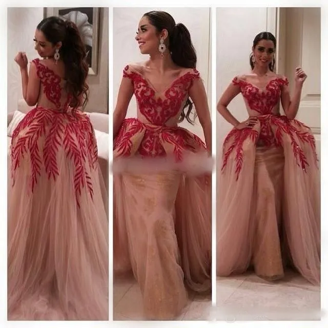 Myriam Fares Dresses Celebrity Gowns Ball Gown Short Sleeve V Neck Red Lace Sequin Nude Tulle Women Arabic Prom Formal Evening Dresses