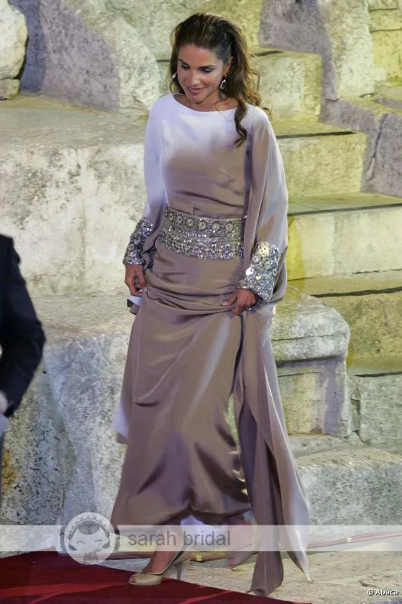 Srebrne Długie Rękawy Muzułmańskie Suknie Wieczorowe Z Kryształami Sash Arabski Porm Sukienka Islamska Abaya Marokańska Dubaj Kaftan Formalne suknie wieczorowe