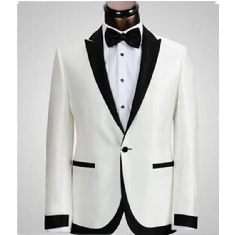 Biała Kurtka Czarne Spodnie One Button Groom Tuxedos Najlepszy człowiek Peak Lapel Groomsman Wedding Garnitury Oblubienia (Kurtka + Spodnie)
