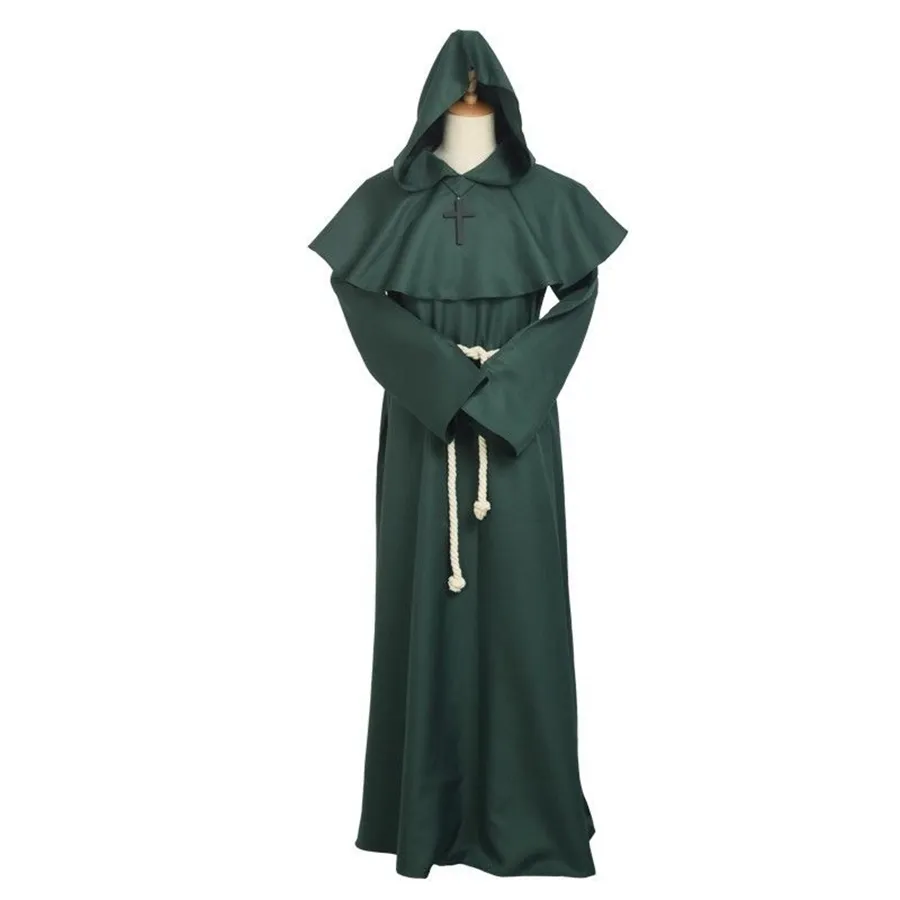 Medieval Costume for Men Women Priest Cosplay Mantale Hood Cloak Monk Cowl Robes Outfits with Cross Necklace Set