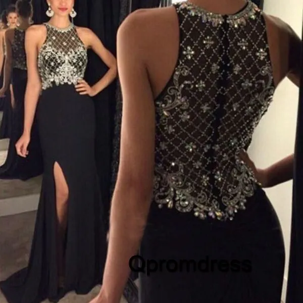 Black Beaded Long Prom Dresses For Graduation 2016 Semi Formal Evening Dress vestido de formatura robe de soiree High Slit Party Dress Cheap