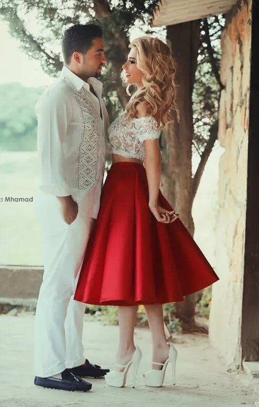 Arabic Cocktail Dresses Lace Two Pieces Party Dresses A Line Bateau Neck Cap Sleeves Zip Back Red Satin Beach Vestidos Prom Gowns Short