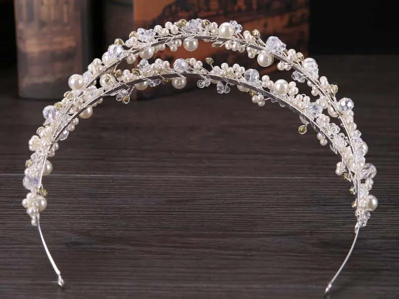 Vintage Wedding Bridal Crystal Rhinestone Pearl Beaded Hair Accessories Headband Band Crown Tiara Ribbon Headpiece Jewelry Set2204