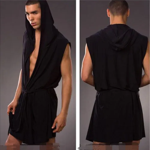 Summer Sexy 2 in 1Hooded Kimono Robe For Man Ice Silk Sleeveless Pajamas Bathrobe Yoga Wear Free Shipping