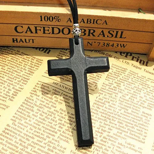 Discount wooden cross pendant necklace vintage beads leather cord sweater chain men women jewelry handmade stylish 