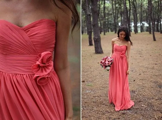 Vestidos de dama de honor de novia de sandía 2015 vestidos de fiesta de boda de gasa con flores hechas a mano vestido de dama de honor plisado por debajo de 100