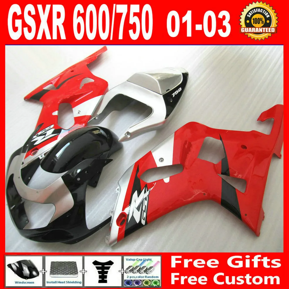 스즈키 용 GSXR 600750 페어링 GSX-R600 GSX-R750 2001 2002 2003 00 01 02 03 은색 빨간색 차체 부품 키트