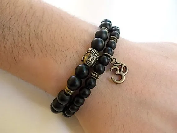 SNof 2 Buddha bracelets Yoga and Meditation bracelet Men Matte Agate bracelets Black Onyx Bracelet