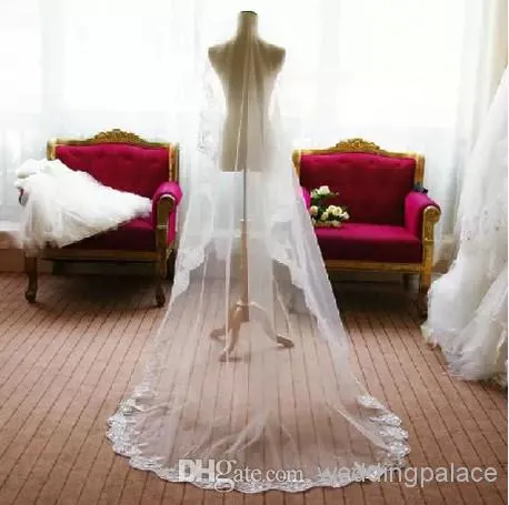 رخيصة الحجاب الزفاف الطويل طبقة واحدة حافة الدانتيل طويل الحجاب الزفاف أزياء الزفاف الحجاب جودة عالية جديد شحن مجاني