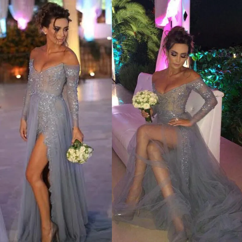 Sexy Silver Grey Evening Dresses Stunning Off the Shoulder Prom Party Gowns with Illusion Long Sleeves Sequins Beads High Split Formal Wear