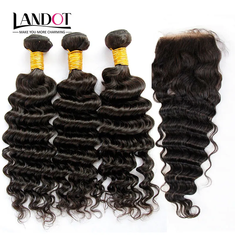 Indian Virgin Hair Deep Wave With Closure 8A Unprocessed Curly Human Hair Weaves 3 Bundles And 1Pieces Top Lace Closures Natural Black Wefts