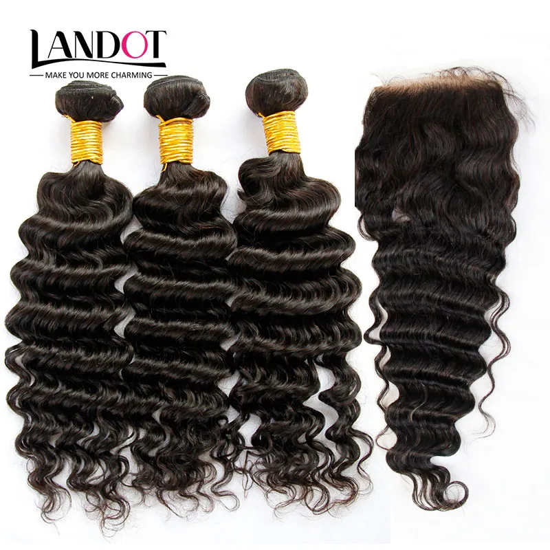 Indisk Virgin Hair Deep Wave With Closure 8a Obehandlat Curly Human Hair Weaves 3 buntar och 1pieces Top Lace Stänger Naturliga svarta Wefts