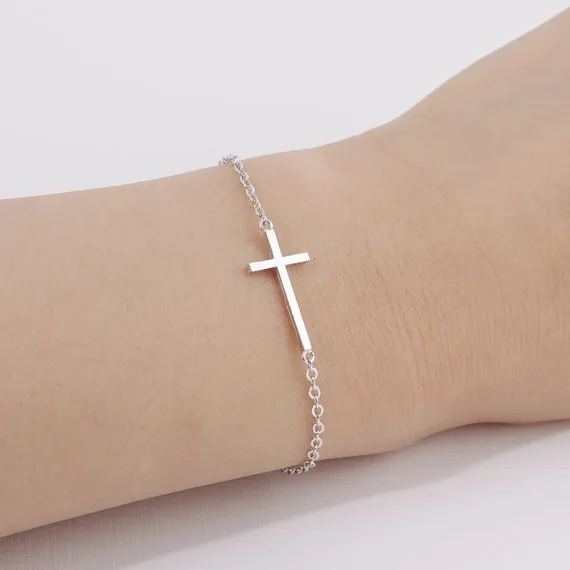 Gold Silver Horizontal Sideways Cross Bracelet Simple Tiny Small Cross Cross Bracelet Cool Faith Christian Cross Bracelets