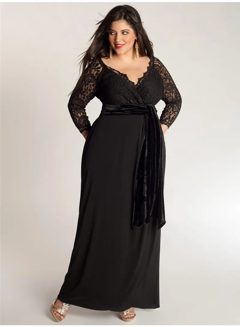 Elegant aline plus size specialtillfällen klänningar spetsar skärpning offshoulder vneck 34 långärmad anklelängd damer formella pro8914733