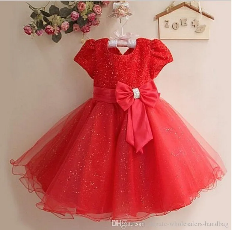 2-7 ans filles robe à manches courtes avec nœud à paillettes robes de princesse robe de mariée de demoiselle d'honneur284E