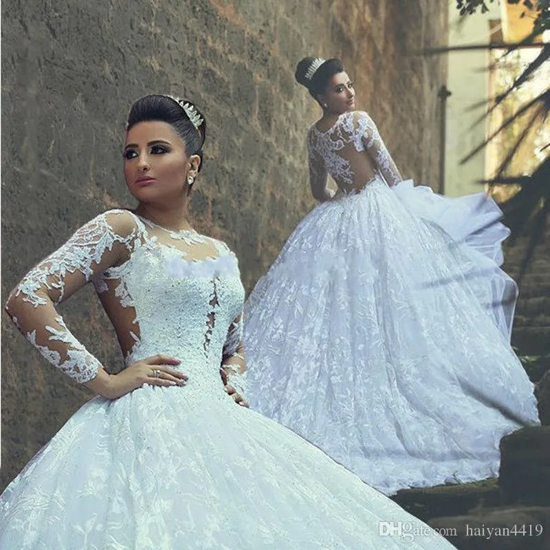 2016 Hot Arabic Lace Ball Gown Wedding Dresses Illusion Neck Longeeles Chapel Train Said Mhamad Bridal Clowns Plus Size