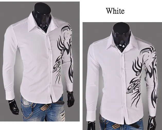 2015 uomini di primavera che coltivano la camicia della camicia del drago della camicia a maniche lunghe degli uomini autunnali che stampa la camicia bianca della moda coreana