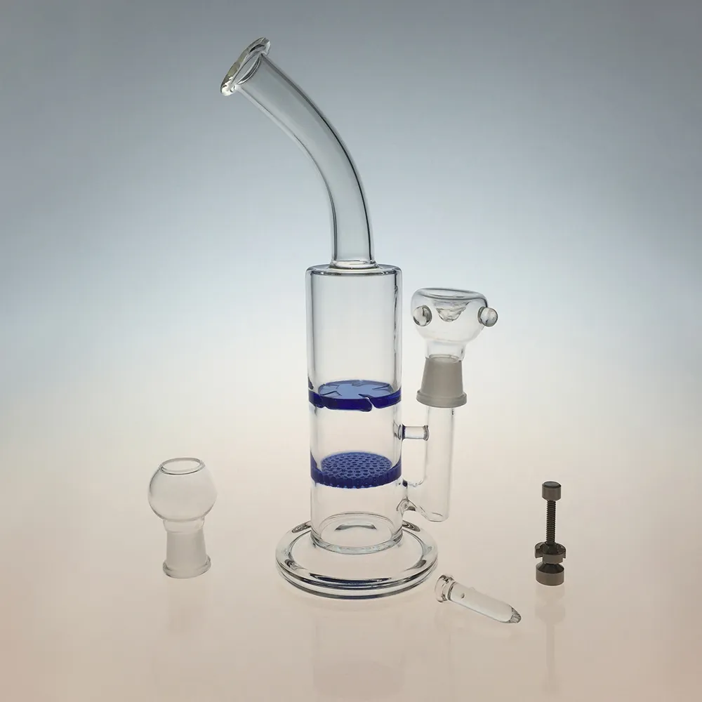 Glass Water Bong Comb Hookahs Dab Rigs Cyclone Disk Perc Två funktioner Oil Rig Water Pipes With Titanium Nail WP101 Clear Blue Color
