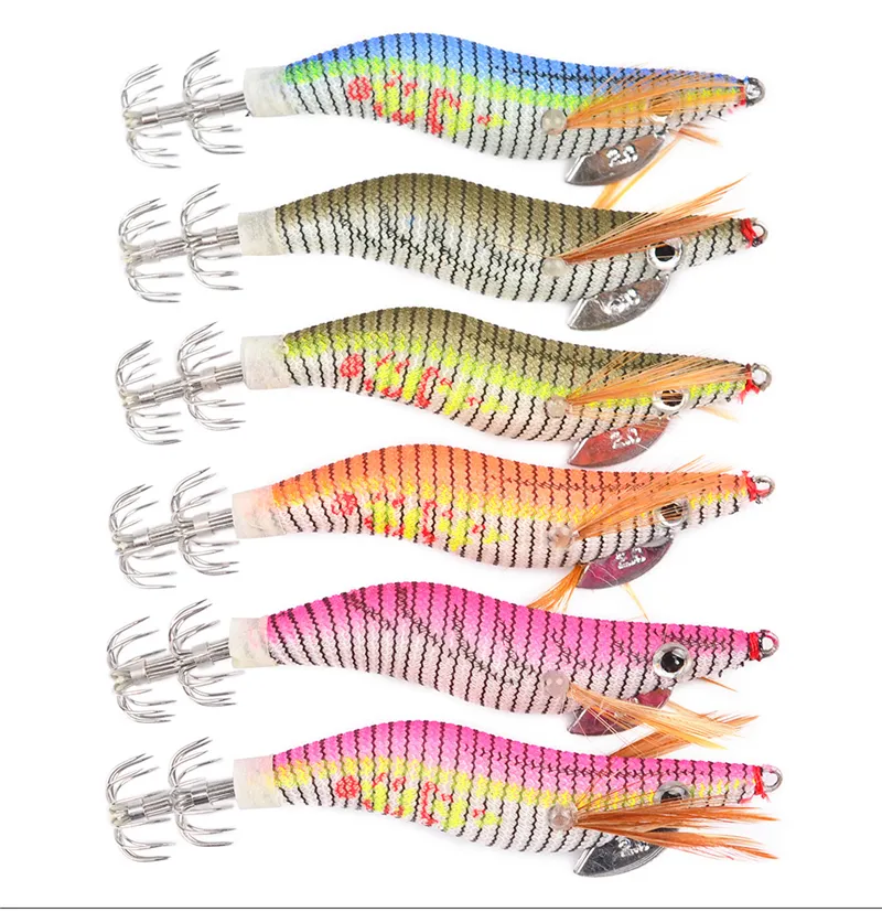 Lysande trä räkor bläckfisk lock 2 # fiske krok 8cm 5,5 g bläckfisk jigs bläckfisk crankbait konstgjord räkor bete