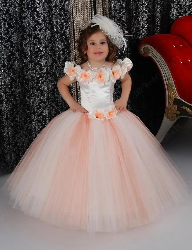 cinderella Flower Girl Dresses Bateau Handmade Flowers Ball Gowns Girls Pageant Gowns Lace Up Girls Birthday Princess Dresses For Kids