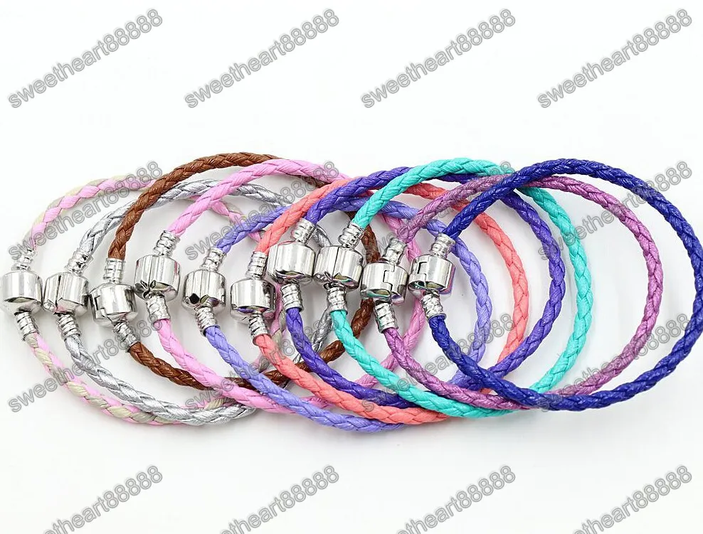 Single 925 Silver Clipp Leather Beaded Strands Bransoletki Łańcuchy Pandora Bransoletki 17 cm 19cm 21cm 20 sztuk / partia Bransoletka Fit Europejskiej Urok Koraliki