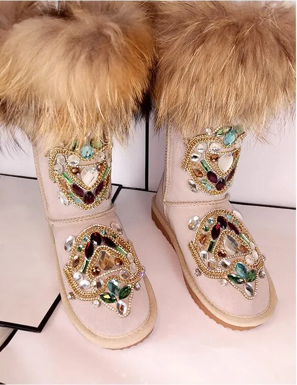 Vintage Rhinestone Fox Kürk Gelin Ayakkabı Zincirleri Kadınlar Düğün Ayakkabı Yüksek Kaliteli Ayak Bileği Uzunluk Çizmeler Kış Sıcak Giyim