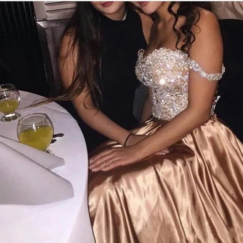 Beaded Crystal Prom Dresses 2018 Shining Evening Dress Arabic Dubai A Line Party Gowns Plus Size Off Shoulder Satin Custom Made