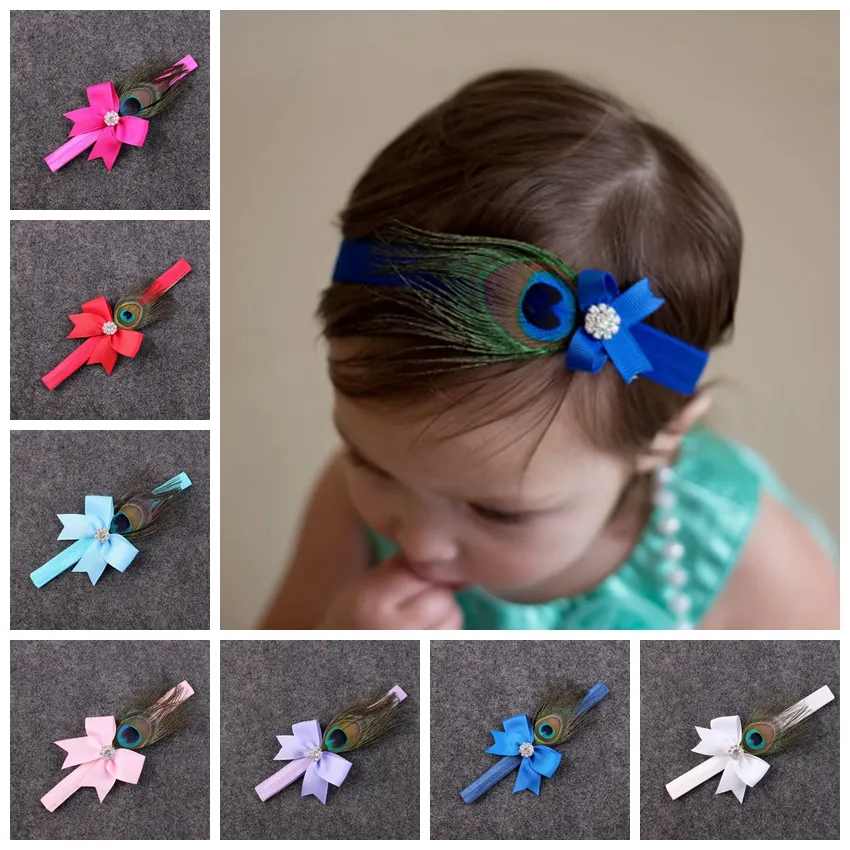 10 pièces bébé plumes de paon arc fleur bandeau pour fille cheveux accessoires infantile arcs avec strass bandeau nouveau-né Photo Prop YM6103